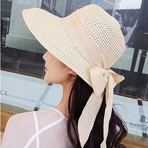 Sun Hat Summer Women Straw Big Brim Bowknot Beige